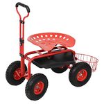 Sunnydaze Garden Cart Rolling Scooter with Extendable Steer Handle, Swivel Seat & Utility Tool Tray, Red