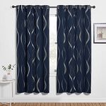 PONY DANCE Blackout Curtains for Bedroom - Line Foil Printed Blackout Curtains for Living Room Eyelet Thermal Noise Reduction Soundsproof Window Drapes for Kids, 46 x 72 Inch Drop, Navy Blue, 2 Panels