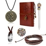 UoYu Uncharted 4 Jewelry Set Drake Engraved Skull Bronze Coin Necklace Ring Necklace Handmade Leather Bracelet Leather Writing Journal Notebook with Pen Movie Stickers 30 pcs, Vinyl PU, No Gemstone