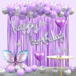 Purple Birthday Party Decorations for Girls Women, Lavender Purple and Sliver Butterfly Party Decor Set Including Happy Birthday Banner, Balloons Arch Kit,Fringe Curtain Background