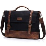 Laptop Messenger Bag 15.6" for Men Waxed Canvas Vintage Leather Business Briefcase Shoulder Bags Waterproof, Black, L