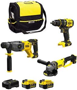 STANLEY FatMax Kit SVK20324A (Taladro Atornillador SFMCD720 + Mini-Amoladora SFMCG400 + Martillo SFMCH900 + 2 Baterías de 4,0 Ah + Cargador + Bolsa M)