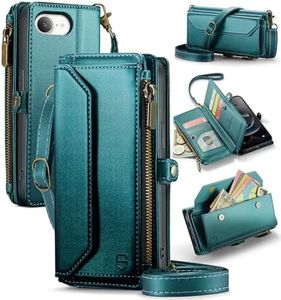 Strapurs Crossbody Wallet Case Compatible with iPhone 16E RFID Blocking 7-Card Holder Soft PU Leather Magnetic Snap Shoulder Strap Zipper Pocket Phone Cases Fit for iPhone 16E - Blue Green
