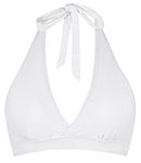 Women's Supportive Halter Bikini Padded Push Up Ruched Bust Hook Back Swimsuit Bathing Suit Tops Only, White, Large