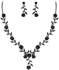 BriLove Women's Wedding Jewelry Leaf Cluster Flower Crystal Dangle Earrings Pendant Necklace Set for Bridal Black Black-Tone