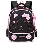 Cat School Backpack for Girls, Cute Elementary School Bags Bookbags for Kids Black