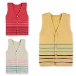 KNITCO Kids Unisex Boys Girls Acrylic Woolen Sweater Vest cardigan Regular Fit (Pack of 3) (Rose Cream Yellow, 0-6 Months)