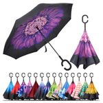 Umbrella,Inverted Reverse Upside Down Umbrellas with C-Shaped Handle, Anti-UV Waterproof Rain Umbrella for Women and Men (purple flower)