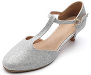 WUIWUIYU Women's T-Strap Closed Toe Kitten Heel Court Shoes Wedding Pumps Size 1.5 Silver