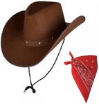 Adult Texan Cowboy Hat Dark Brown & Red Bandana/Neckerchief Fancy Dress Party Accessory Wild Western Sheriff Country Western Rancher