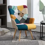 Zedachica Colorful Plaid Accent Chair for Living Room, Upholstered Cozy Comfy Armchair with High Back, Linen Fabric Boho Patchwork Accent Chair with Wooden Legs for Bedroom, Waiting Room, (Colorful)