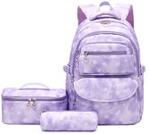 Leaper Water-Resistant Star Print School Backpack Lunch Bag Purse Pencil Case Set Purple