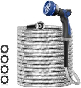 SPECILITE 100ft 304 Stainless Steel Garden Hose Metal, Heavy Duty Water Hoses with Nozzles for Yard, Outdoor - Flexible, Never Kink & Tangle, Puncture Resistant (Sliver)