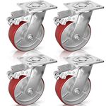 Casters Set of 4 Heavy Duty 6 inch Caster Wheels - ASRINIEY Locking Casters with No Noise Polyurethane on Steel Wheels, Swivel Plate Caster with Brake for Toolbox Workbench, 5000 lbs Total Capacity