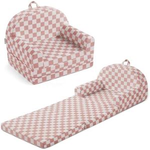 Blissful Diary Kids Couch, 2-in-1 Comfy Kids Chair for Reading, Playroom, Kids Couch Sofa for Girls Boys Birthday Gift, Blush Checkered