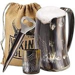 Viking Culture Ox Horn Mug, Shot Glass, and Axe Bottle Opener (3 Pc. Set) Authentic 500 ml. Ale, Mead, and Beer Tankard | Vintage Stein with Handle | Custom Intricate Design - Polished Finish | Wolf/Fenrir