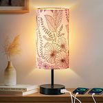 CINSARY Touch Control Bedside Lamp with 2 USB Ports, 3-Way Dimmable Table lamp for Bedroom, Nightstand Lamp with Round Pink Flower Fabric Shade for Living Room Home Office (E26 LED Bulb Included)