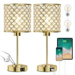 Crystal Touch Control Table Lamp with 2 USB Charging Ports 3-Way Dimmable Nightstand Lamp Set of 2 Crystal Decorative Bedside Lamps with Gold Elegant Shade for Bedroom Living Room