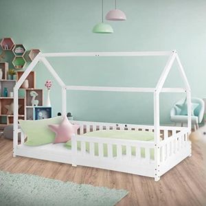 ML-Design Letto a Forma di Casa per Bambini 90 x 200 cm con Protezione Anticaduta Rete a Doghe Legno di Pino Bianco Lettino Casetta Bimbi Robusto e Facile da Montare Peso Supportato 120 kg