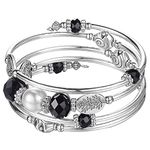 BULINLIN Crystal Beads Layered Bangle Bracelet, Silver Plated Metal Wrap Bracelet with Pearl, Jewellery Gifts for Women Ladies Friends（92-Black）