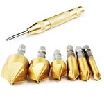 Countersink Drill Bit Set-6 PCS High Carbon Steel Hex Shank Countersink Bits for Wood Drill Bit Set with Titanium Coating+ Spring Loaded Automated Center Punch, Drill Accessories Carpenters Tools