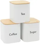 Juvale Coffee Tea Sugar Container Set - White Iron Kitchen Canister Set with Bamboo Lids (3 Pieces, 48 oz)