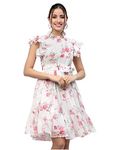 I ENTERPRISE Women's Georgette Pink High Neck Short Sleeve A-line Dress | Dress for Women | One Piece Dress for Women | Dress for Women Stylish | Western Dress | Dress for Women | Printed Dress