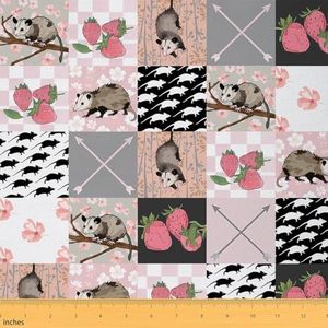 Opossum Fabric by The Yard Possums Gifts Upholstery Fabric for Chairs Sofa Possums Lover Kids Birthday Gift Possums Floral Decor Waterproof Outdoor Fabric Possum Stuffed Strawberry DIY Fabric, 1 Yard