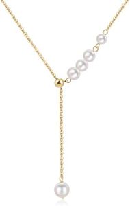 18K Gold Plated Pearl Lariat Necklace Y Shaped Pearl Drop Necklace Long Pearls Necklace for Women Jewelry