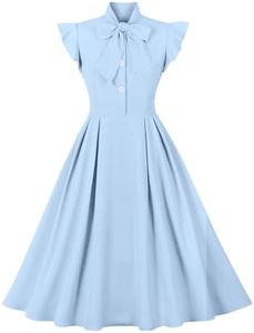 Vintage Dress for Women 1950s Dresses Midi Dress A-Line Swing Bow Tie Neck Dress for Cocktail Prom Ball Tea Party Church Wedding 1960s Retro Dresses Button Up Lake Blue Cap Sleeve Dress S