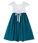 Beganly Girls Lovely V-Back Lace Patchwork Double Layers Chiffon A-Line Flowy Long Dress Party Flower Girl Dresses Teal Blue 110