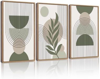 Drsoum 16x24in Large Boho Wall Art Green Sage Decor Framed Wood Modern Bohemian Abstract Geometry Canvas Prints Ready to Hang for Bedroom