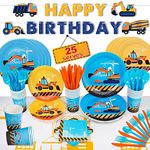 Construction Birthday Party Supplies – Baby Boy Toddler Kids Dump Car Tractor Truck Birthday Construction Party Decorations – Cups Construction Plates Signs Napkins Tablecloth Utensils – Serves 25