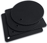 Zingtsing 4PACK Silicone Trivet Mat Heat Resistant Hot Pads Food Grade Table Placemats for Hot Dishes/Table Kitchen Pot Holders Spoon Holder Oven Mitts (4PACK Black Square+Round)