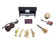 Kodycity Dollhouse Miniature Musical Instruments Set Mini Accessories Piano Violin Trumpet Guitar Saxophone Drum Doll House Accessory Miniatures 1 12 Scale for Model Music Room Decor