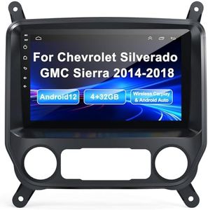 4G +32G Car Stereo Radio for 2014-2018 Chevrolet Silverado & GMC Sierra,Android 12 Wireless CarPlay Android Auto Silverado Radio Support Back-up Camera/Voice Contro/Map Navigation/FM Radio/SWC