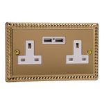 Varilight 2 Gang, 13 Amp Unswitched Socket with 2 Optimised USB Charging Ports, White Insert. Classic Georgian Polished Brass Effect