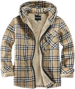 Elesuit Men's Full Zip Fleece Flannel Jackets Shirt Plaid Cotton Hoodies Soft Warm Coat for Men with Hood, Khaki, Medium