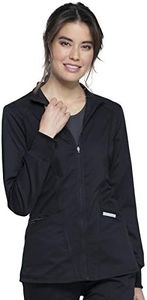 Cherokee Womens Zip Up Scrub Jackets with Breathable Mesh and Shirttail Hemline WW301, L, Black