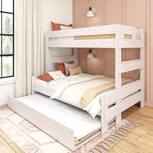 Max & Lily Modern Farmhouse Twin/Full Bunk Bed with Trundle, White Wash