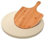 AUGOSTA Round Pizza Stone for Oven and Grill, Free Pizza Peel Paddle, Pizza Cutter Wheel and Pizza Server, Durable and Safe Baking Stone for Grill, Thermal Shock Resistant Cooking Stone, 13 Inch