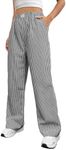 OYOANGLE Women's Straight Wide Leg Trousers Striped Print Letter Patched Detail High Waist Y2K Fashion Pants Dark Grey Small