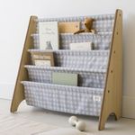 3 Sprouts Recycled Fabric Kids Bookshelf – 4-Tier Sling Book Rack Storage - Kids Room Book Shelves, Nursery, Playroom, Classroom - Bookcase Display Shelf for Toddler, Children Age 3+ - Gingham Blue