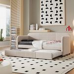 Merax Twin Size Upholstered Daybed with Trundle Bed and Wood Slat, Beige Velvet Sleeper Sofa Bed, No Box Spring Needed