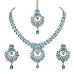 Atasi International Delightful Rhodium Silver Plated Alloy Necklace Jewellery Set with Earrings and Maang Tikka (White & Blue)