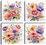 Heatsprits Watercolor Flower Wall Art Pink Purple Canvas Wall Decor Colorful Floral Painting Print Picture for Bedroom Bathroom Living Room Decoration Framed Ready to Hang -12"x12"x4PCS