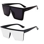 FOURCHEN Square Oversized Sunglasses for Women Men Fashion Flat Top Big Frame Shades (black+whitesilver)