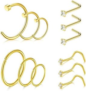 D.Bella Gold Nose Stud 18 Gauge-Nose Ring Hoop 8mm 10mm 12mm Nose Screws and Clear Nose Studs