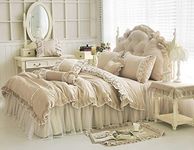 LELVA Shabby Ruffle Duvet Cover Set Queen Cotton Chic Wrinkle Girls Bedding Khaki 4 Piece Romantic Lace Design Bed Skirt