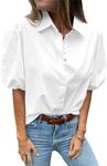 Tankaneo Women's Button Down Shirts Short Puff Sleeve Collared Dressy Casual Blouse Tops, White, Medium